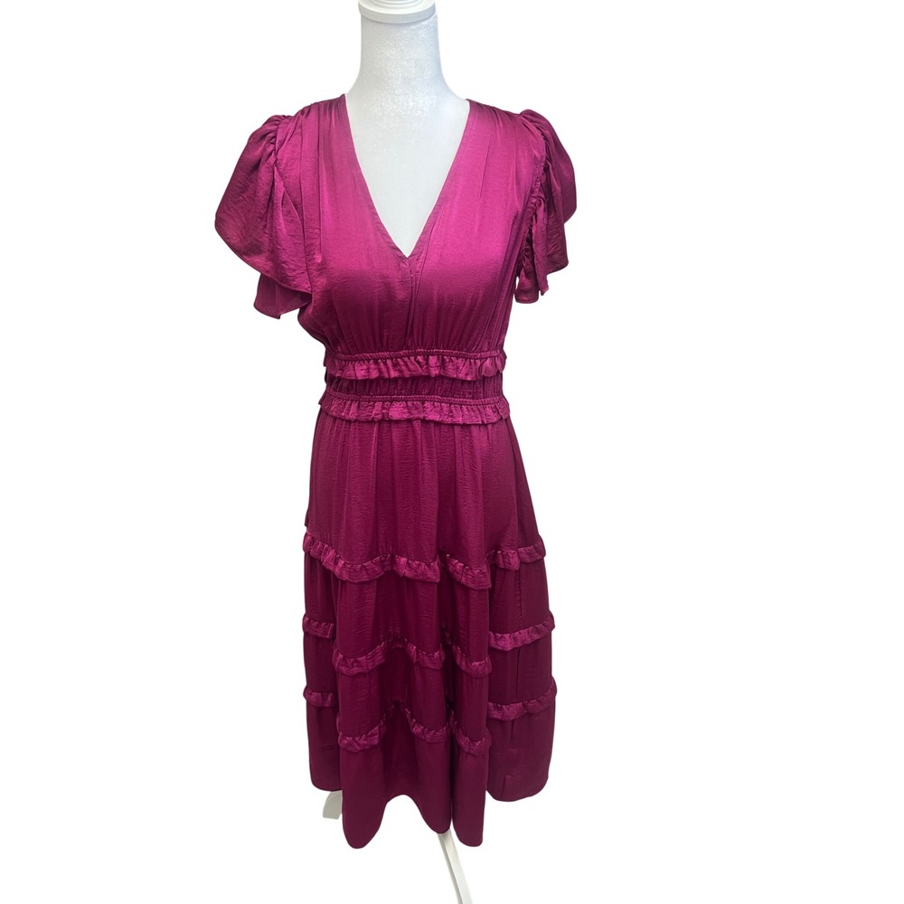 PINCH Midi Dress Satin Ruffle Tiered Magenta Sz M Boho Wedding Cottagecore NWT